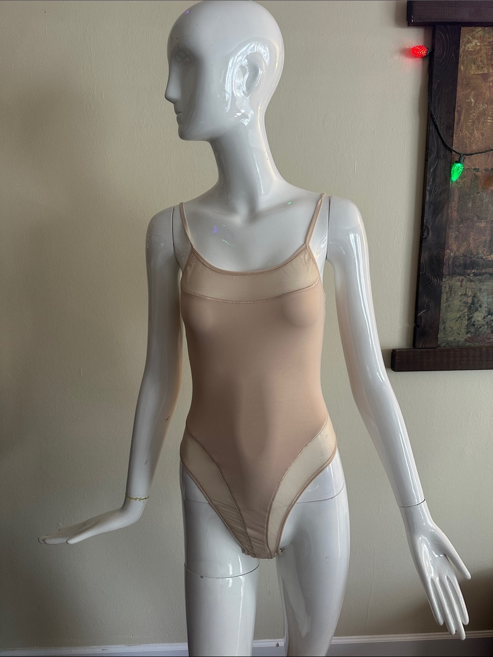 Two Nude Beige Bodysuits with Sheer Accents